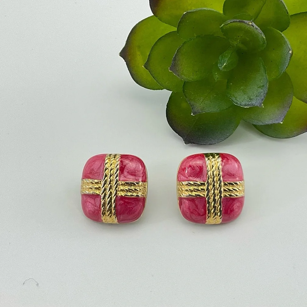 Vintage Pink Enamel Earrings, Mini Gift Box Stud Earrings, Pink & Gold